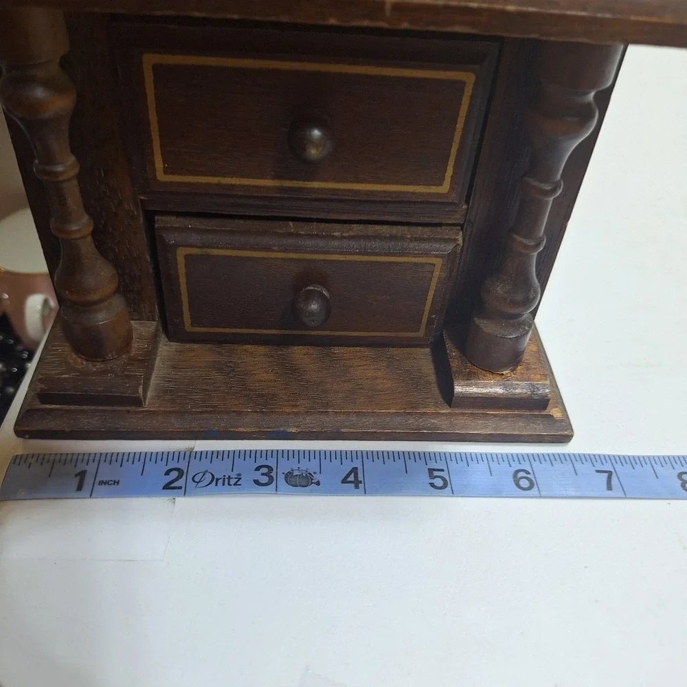 Vintage c.1970s Wooden Musical Jewelry Box Wind-Up Music Box 2 Drawers As-Is